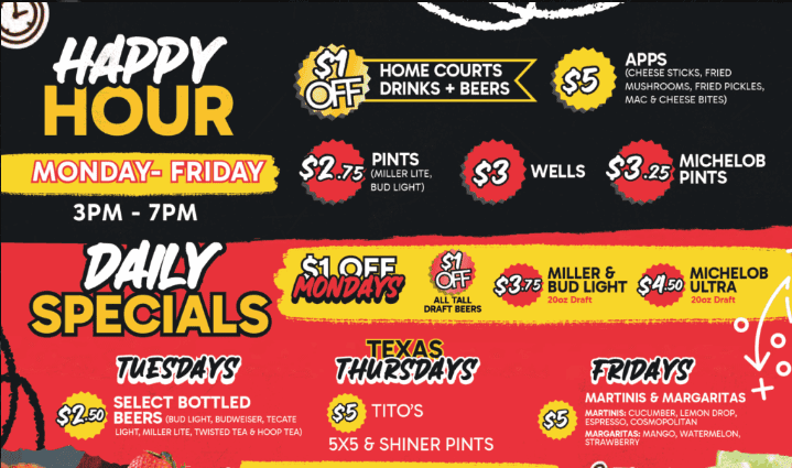 The Wings Stadium Sports Bar McAllen TX - Happy Hour and Daily Specials menu with colorful text shows discounts on drinks and appetizers. Lists weekday deals including $1 off drafts, $2.75 pints, $3 wells, $3 Michelob pints, plus daily drink specials and appetizer prices.