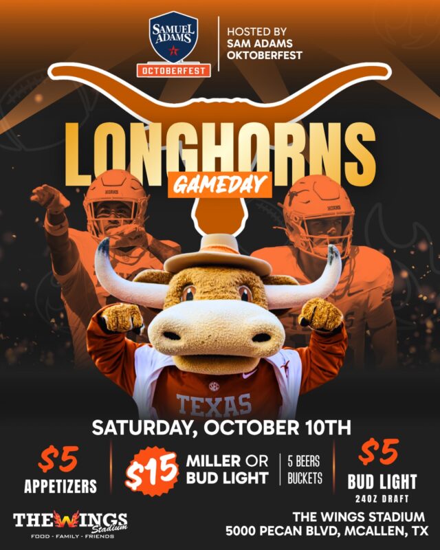 Longhorns football, Oktoberfest style, brought to you by Sam Adams. 

Texas Longhorns game day, Saturday, October 10, kickoff time TBD.

$15 Miller or Bud Light buckets, $5 apps, $5 Bud Light 24oz, all game long. Sam Adams Oktoberfest on tap.

The Wings Stadium · 5000 Pecan Blvd, McAllen, TX

#thewingsstadium #collegefootball #mcallentx