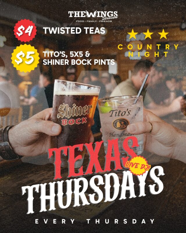 This isn’t just Thursday…
it’s a Texas kind of night.

$5 Tito’s + Texas pints.

📍 5000 Pecan Blvd, McAllen, TX
👉 Saddle up.

#TexasThursdays #TheWingsStadium #RGVNightlife