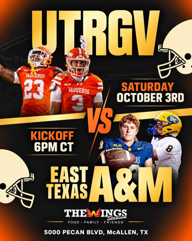 UTRGV hits the road, and we’ve got it live. 🏈

UTRGV at East Texas A&M, Saturday, October 3, kickoff 6PM on ESPN+.

$15 Miller or Bud Light buckets, $5 apps, $5 Bud Light 24oz, all game long.

The Wings Stadium · 5000 Pecan Blvd, McAllen, TX

#thewingsstadium #utrgv #mcallentx