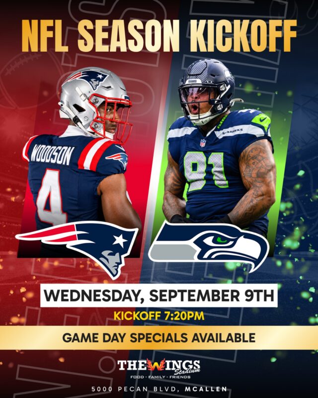 Football’s back tomorrow night.

Patriots and Seahawks open the season at 7:20PM, and every screen in the house is yours.

$15 Miller and Bud Light buckets. $5 appetizers. $5 Bud Light 24oz.

Grab your people, claim a table and we’ll handle the rest.

📍 The Wings Stadium · 5000 Pecan Blvd · McAllen

#thewingsstadium #mcallentx #nflkickoff