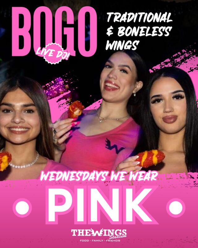 Wear pink… or don’t.
Just don’t show up alone.

BOGO wings hits different.

📍 5000 Pecan Blvd, McAllen, TX
👉 Bring your person.

#WednesdaysWeWearPink #TheWingsStadium #RGVFood