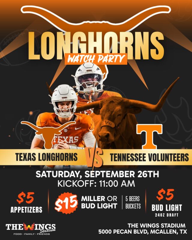 Hook 'em from Knoxville. 🤘🍺

Texas Longhorns take on Tennessee, Saturday at 11AM. Catch every snap at The Wings Stadium.

$15 buckets, $5 apps, $5 Bud Light drafts, all game long.

The Wings Stadium · 5000 Pecan Blvd, McAllen, TX

#thewingsstadium #hookem #mcallentx