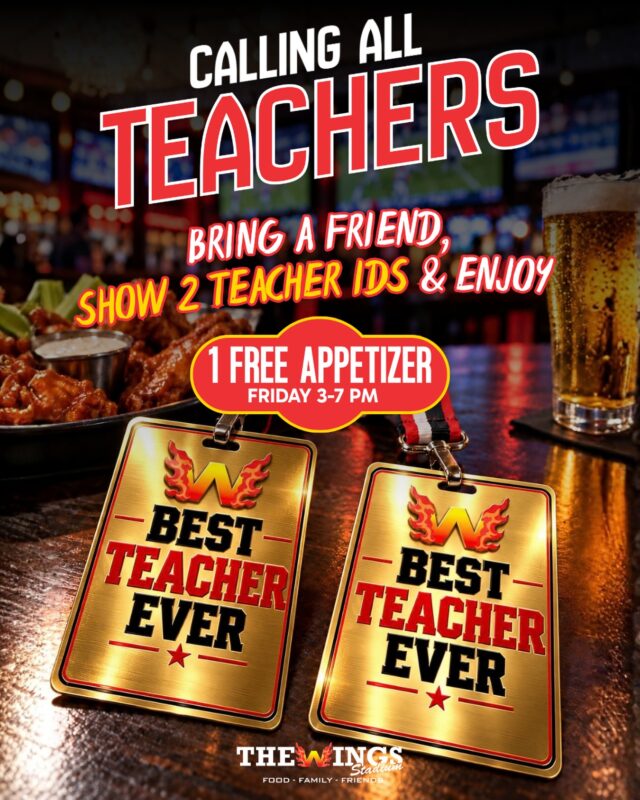 Calling all teachers. 🍎 Show two teacher IDs at The Wings Stadium every Friday and get a FREE appetizer on us. Happy Hour runs 3 to 7PM.

The Wings Stadium · 5000 Pecan Blvd, McAllen, TX

#thewingsstadium #teacherperks #happyhour #mcallentx