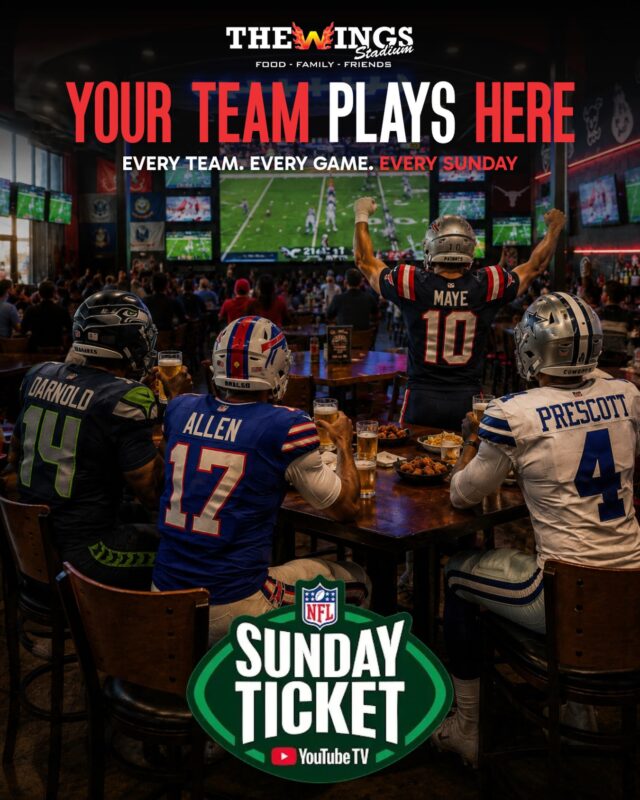 Your team plays here. 🏈

Sunday Ticket at Wings. Every game, every team, every Sunday, on every screen we’ve got. No picking one. No driving anywhere.

The Wings Stadium · 5000 Pecan Blvd, McAllen, TX

#thewingsstadium #sundayticket #mcallentx