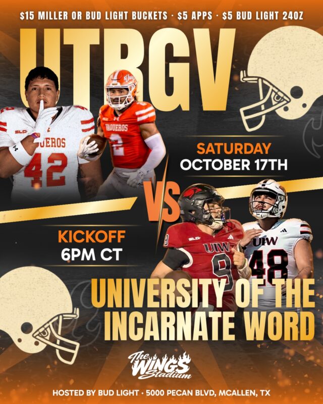 UTRGV on the road, hosted by Bud Light and Hoop Tea. 

UTRGV at Incarnate Word, Saturday, October 17, kickoff 6PM CT.

$15 Miller or Bud Light buckets, $5 apps, $5 Bud Light 24oz, all game long.

The Wings Stadium · 5000 Pecan Blvd, McAllen, TX

#thewingsstadium #utrgv #mcallentx