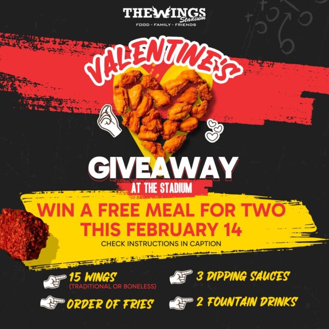 💘 VALENTINE’S GIVEAWAY AT THE STADIUM! 💘

You’ve got a date this February 14—and it comes with FREE wings! 🍗🔥

Win a meal for two including:
✅ 15 Wings (Traditional or Boneless)
✅ Order of Fries 🍟
✅ 3 Dipping Sauces
✅ 2 Fountain Drinks 🥤

How to enter:
1️⃣ Like & follow us
2️⃣ Comment below who you’d share this feast with 😎
3️⃣ SHARE on your stories and tag us for EXTRA entries! 

🏆 Winner will be picked on February 13th at 5 PM!

Tag your wing-loving partner and let’s make this Valentine’s Day extra saucy! ❤️🔥

#ValentinesGiveaway #WingsAreLove #TheWingsStadium #ShareTheFlavor