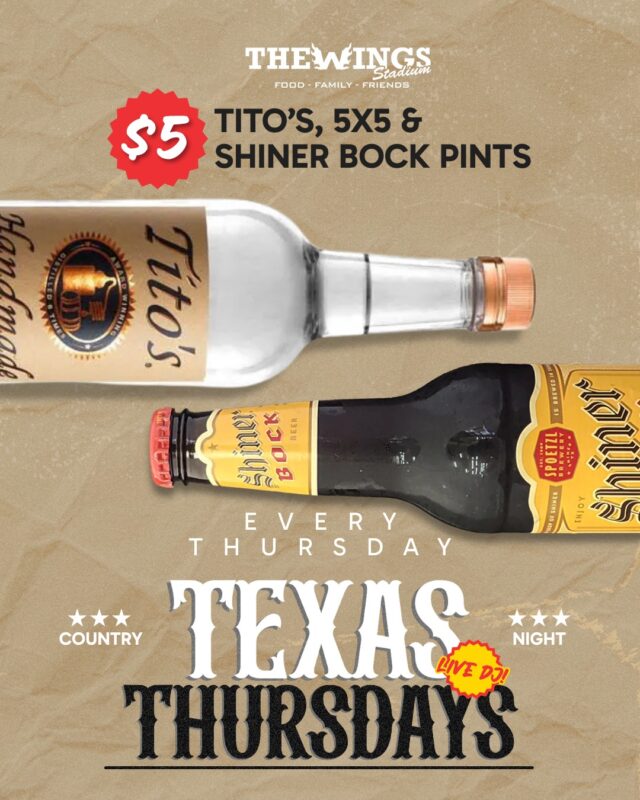Keep it Texas. Keep it $5. 🤠🍻

Tito’s, 5X5 & Shiner Bock pints
🎧 LIVE DJ

📍 5000 Pecan Blvd, McAllen, TX
👉 Pull up

#TexasDrinks #RGVBars #TheWingsStadium