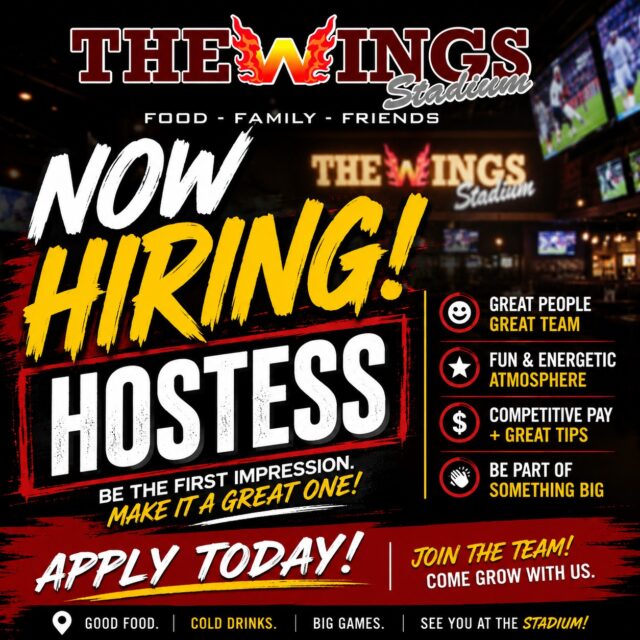 🔥 NOW HIRING — HOSTESS! 🔥
Looking for a friendly, energetic person to join the team at The Wings Stadium! 🏟️🍗
✨ Be the first face our guests see
🙌 Great team & fun atmosphere
💰 Competitive pay + great tips
🏆 Be part of the action on game days!
JOIN THE TEAM! APPLY TODAY!
📍 The Wings Stadium
🍗 Food • Family • Friends
🏈 Good Food. Cold Drinks. Big Games.
#NowHiring #Hostess #Hiring #TheWingsStadium #McAllenTX #RestaurantJobs #SportsBar #JoinOurTeam