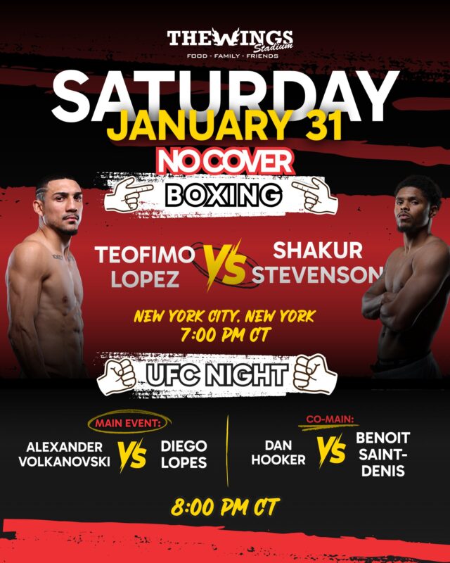 Saturday is stacked 🥊🔥

Boxing at 7 PM · UFC at 8 PM

Back-to-back main events on the big screens.
📍 5000 Pecan Blvd, McAllen, TX
👉 Watch it the right way

#UFCNight #BoxingNight #TheWingsStadium