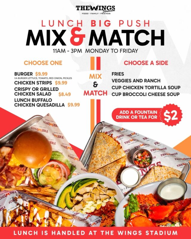 Friendly reminder! Lunch is handled at The Wings Stadium. 🔥

Our Mix & Match is built for your midday break. 
Pick one, pick a side, and get back to your day full.

🍽️ Choose one:
Burger $9.99
Chicken Strips $9.99
Crispy or Grilled Chicken Salad $8.49
Lunch Buffalo Chicken Quesadilla $9.99
🥤 Choose a side:
Fries, Veggies and Ranch, Cup of Chicken Tortilla Soup, 
or Cup of Broccoli Cheese Soup

Add a fountain drink or tea for just $2.

Available 11AM to 3PM, Monday through Friday.

The Wings Stadium · Food, Family, Friends

5000 Pecan Blvd · McAllen, Texas

#thewingsstadium #lunchspecial #mixandmatch #mcalleneats #rgvfoodies