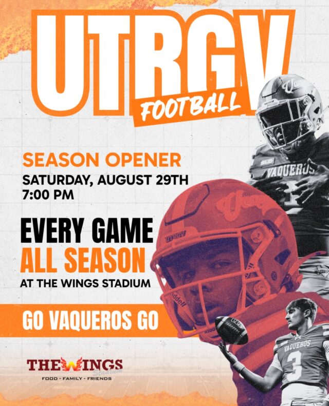 Every Vaqueros game. One place. 🏈

UTRGV opens the season Saturday. We’re putting it on the big screens, and every game after it, all season long.

Saturday, August 29 · 7:00 PM · The Wings Stadium, 5000 Pecan Blvd, McAllen

Go Vaqueros Go.

#thewingsstadium #govaqueros #utrgvfootball