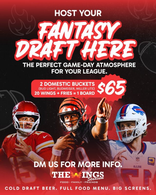 Fantasy football season starts at The Wings Stadium. 🏈🔥

Host your draft with us — 2 domestic buckets (Bud Light, Budweiser, Miller Lite), 20 wings, fries for $65.

Cold draft beer. Full food menu. Big screens for every pick.

DM for more information!

📍 The Wings Stadium

#thewingsstadium #fantasydraft #fantasyfootball #rgvsports #hostyourdraft